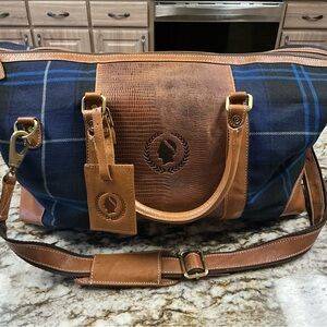 F H Wadsworth NYC Stylish Brown Leather and Blue Plaid Duffel Bag